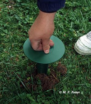 Inserting a termite bait station into the soil.